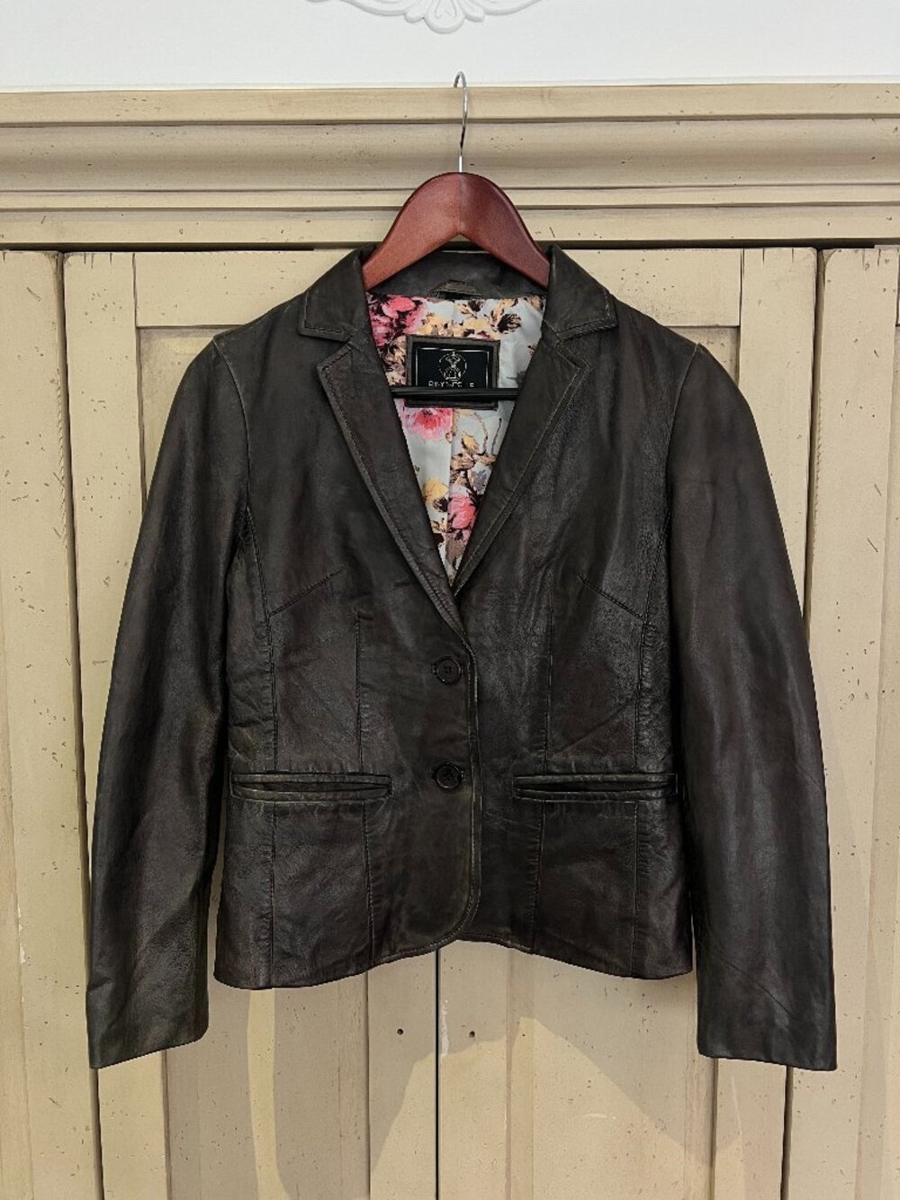 Rino & Pelle Lamb Leather Blazer Dark Olive Brown Two Button Floral Lined Y2K XS